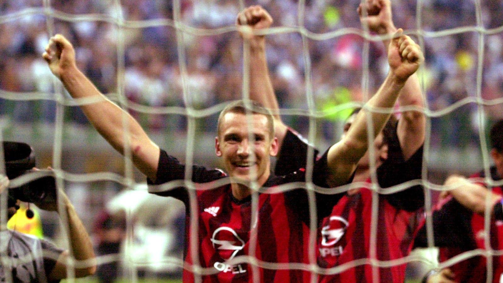 Andriy Shevchenko celebrates after the UEFA Champions League match between Internazionale and AC Milan at San Siro, Milan, May 2003.