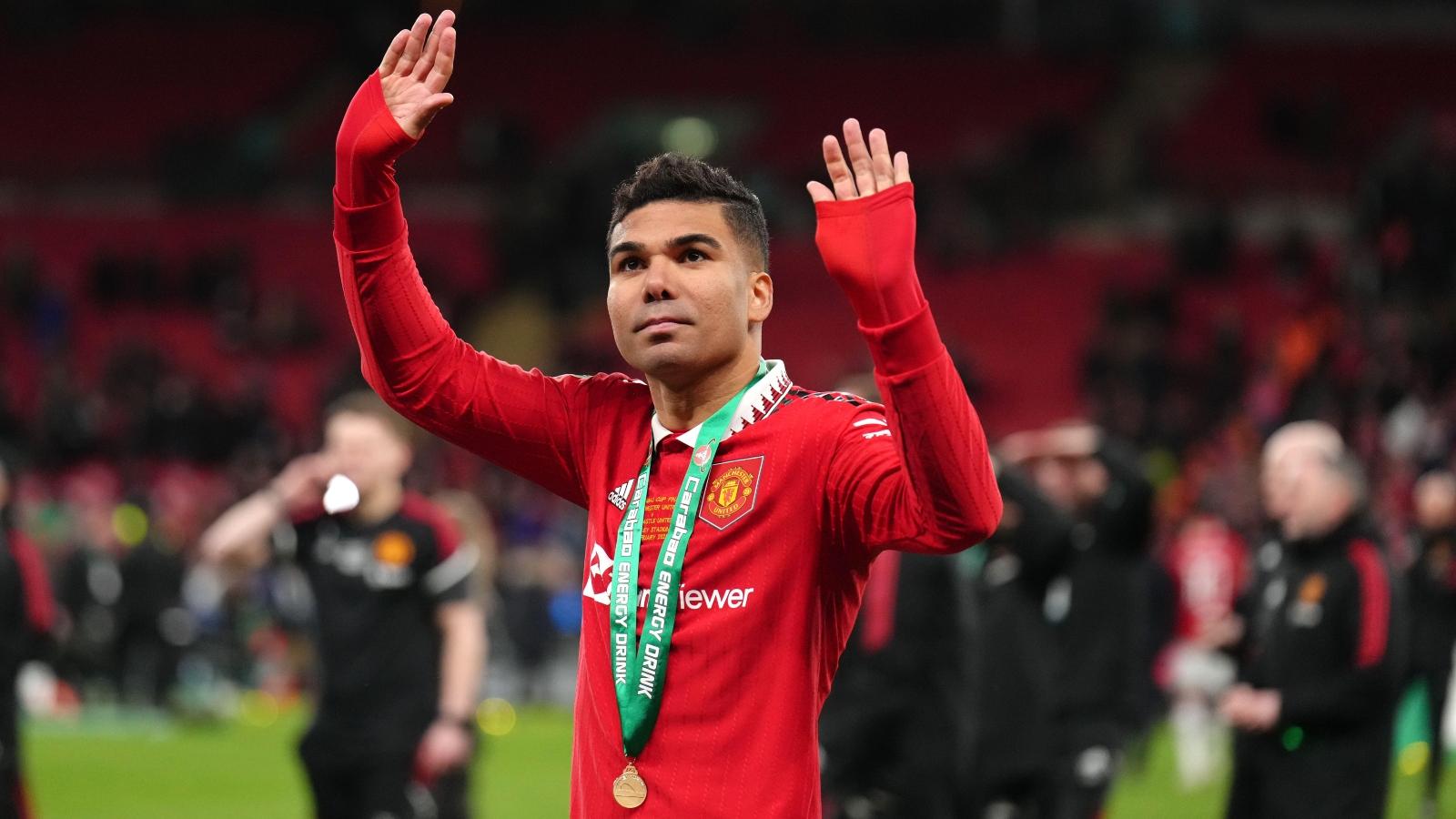 Casemiro celebrates after the League Cup final between Manchester United and Newcastle United at Wembley Stadium, London, February 2023.