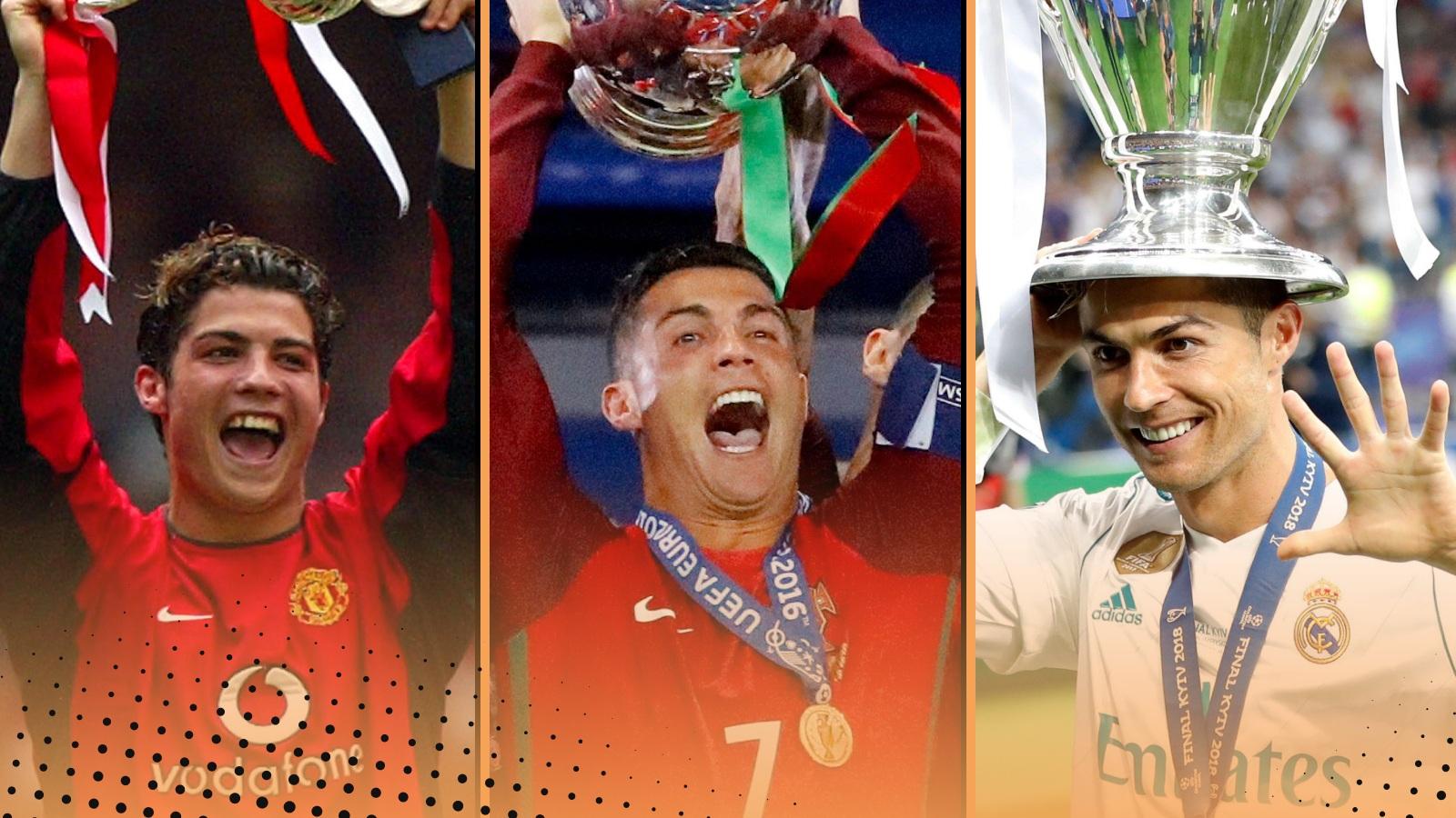 Cristiano Ronaldo celebrates lifting the FA Cup, European Championships and Champions League trophies, pictured (L-R) with Manchester United, Portugal and Real Madrid