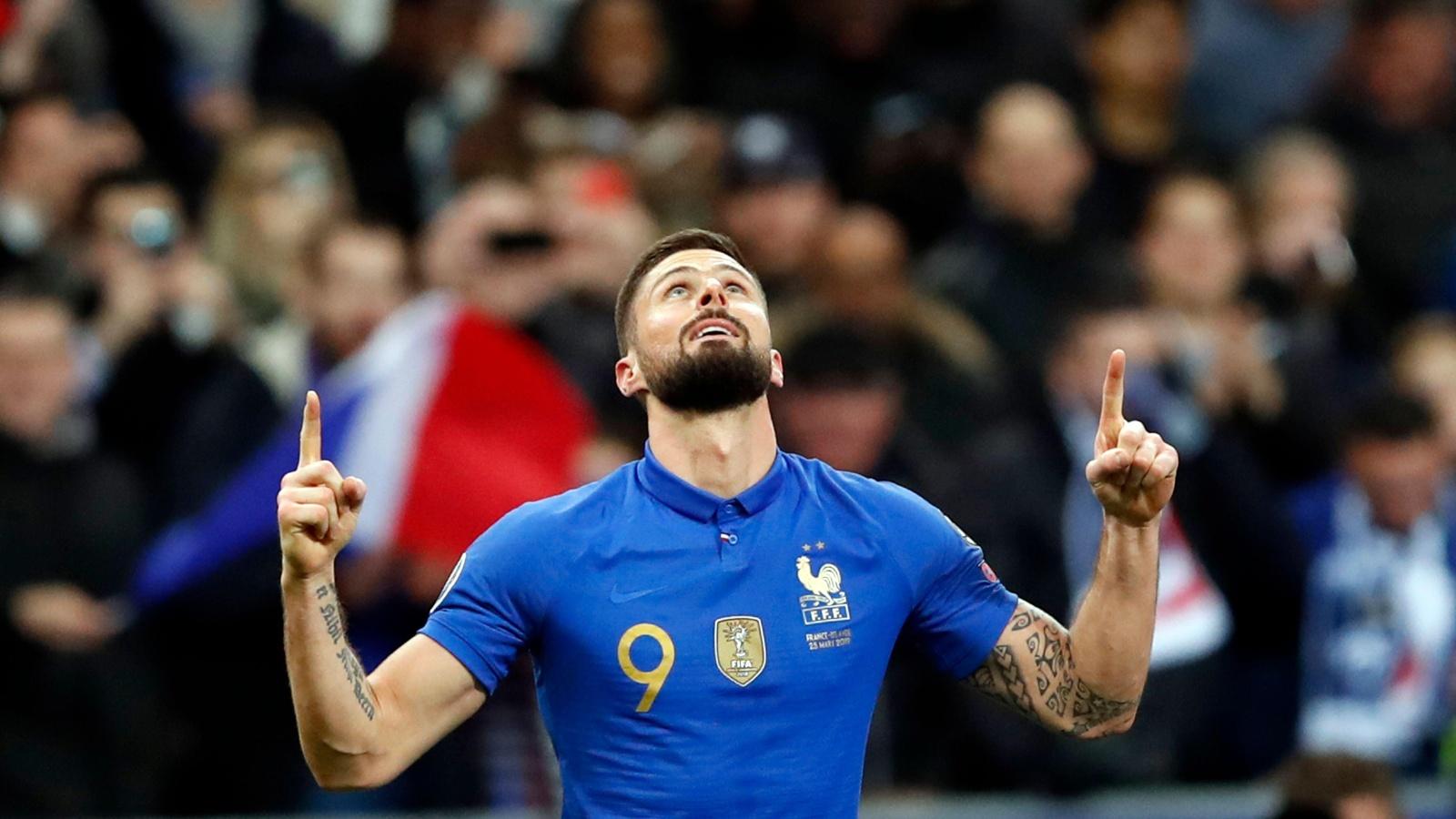 France's Olivier Giroud celebrates after scoring his side's 2nd goal during the Euro 2020 qualifier between France and Iceland at Stade de France, Saint Denis, March 2019.