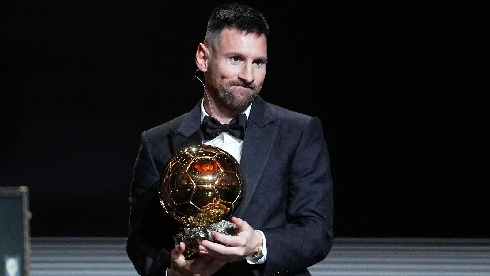 Inter Miami's and Argentina's national team player Lionel Messi receives the 2023 Ballon d'Or trophy during the 67th Ballon d'Or (Golden Ball) award ceremony at Theatre du Chatelet in Paris, France, Monday, Oct. 30, 2023.