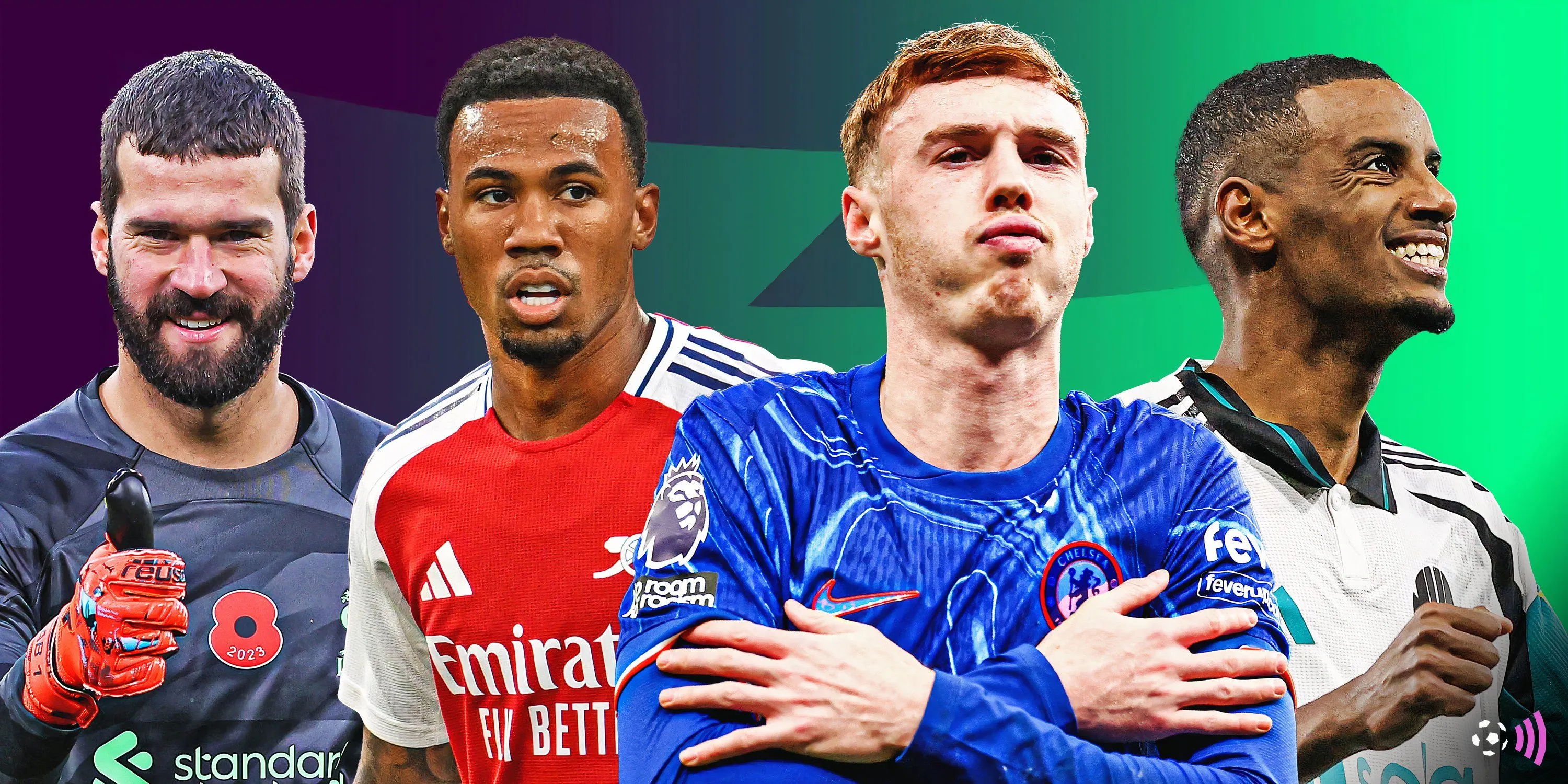 Alisson, Gabriel, Palmer và Isak trên sân cỏ, đại diện cho những ngôi sao sáng giá của Fantasy Premier League 2025/26.