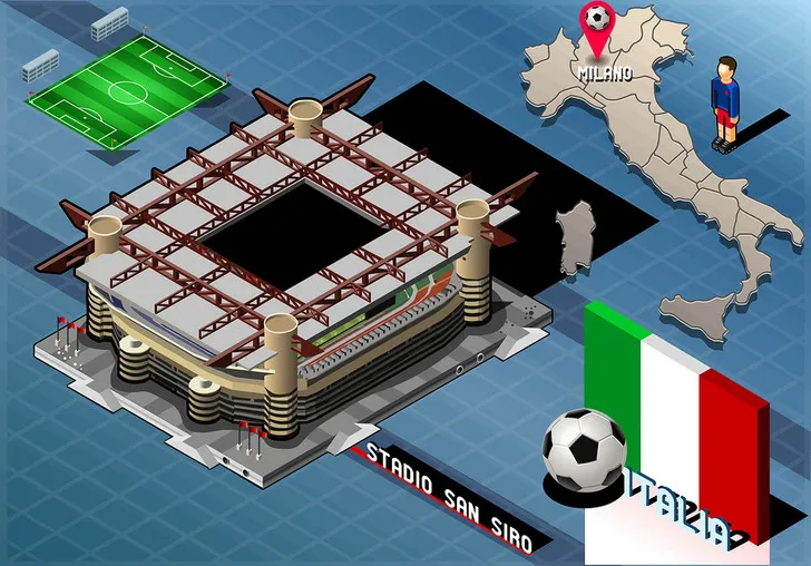 Mô hình đồ họa 3D sân vận động San Siro nhìn từ góc cao, thể hiện kiến trúc độc đáo.