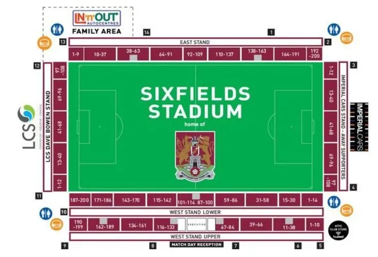 Sơ đồ bố trí các khán đài tại Sixfields Stadium, giúp người hâm mộ dễ dàng định vị
