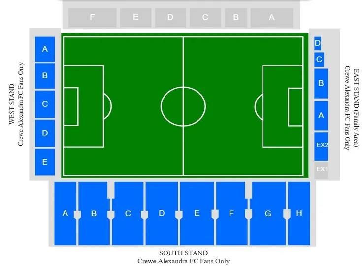 Sơ đồ bố trí chỗ ngồi các khán đài tại sân vận động Alexandra của Crewe Alexandra