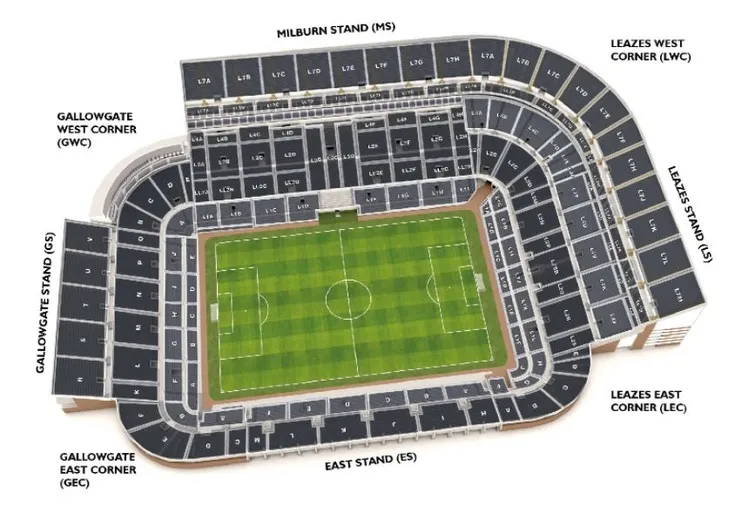 Sơ đồ bố trí chỗ ngồi chi tiết của sân St. James' Park, giúp khán giả dễ dàng định vị vị trí