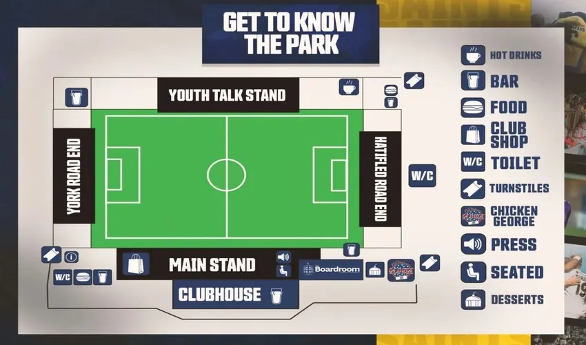 Sơ đồ bố trí chỗ ngồi chi tiết tại sân vận động Clarence Park của St Albans City FC