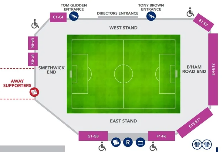 Sơ đồ bố trí chỗ ngồi sân The Hawthorns, hướng dẫn các khán đài và khu vực cổ động viên