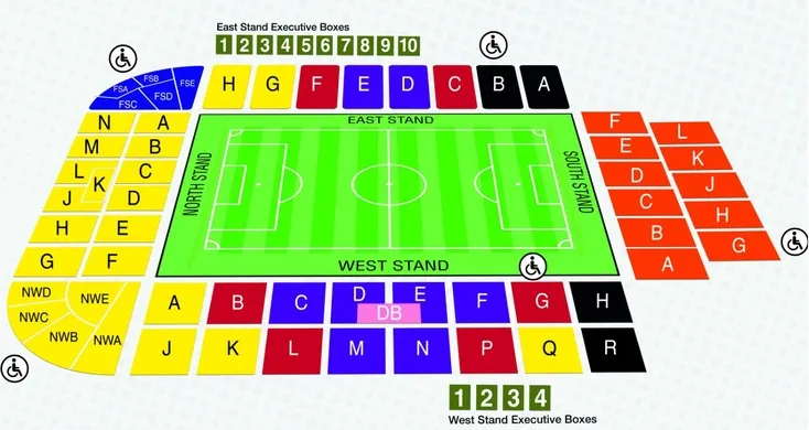 Sơ đồ bố trí chỗ ngồi tại sân The Valley của câu lạc bộ Charlton Athletic, giúp khán giả dễ dàng tìm vị trí