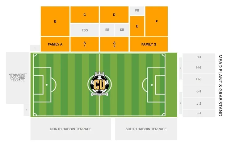 Sơ đồ bố trí chỗ ngồi và các khu vực tại sân vận động Abbey Stadium Cambridge United.