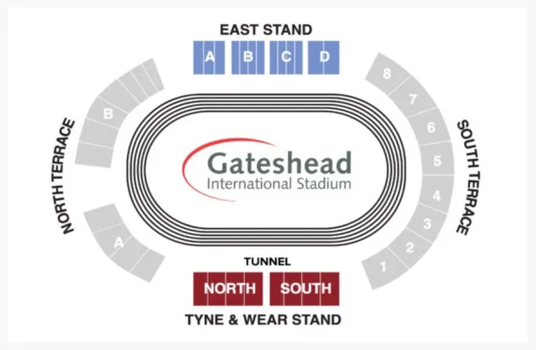 Sơ đồ bố trí khán đài và chỗ ngồi tại sân vận động Gateshead International.