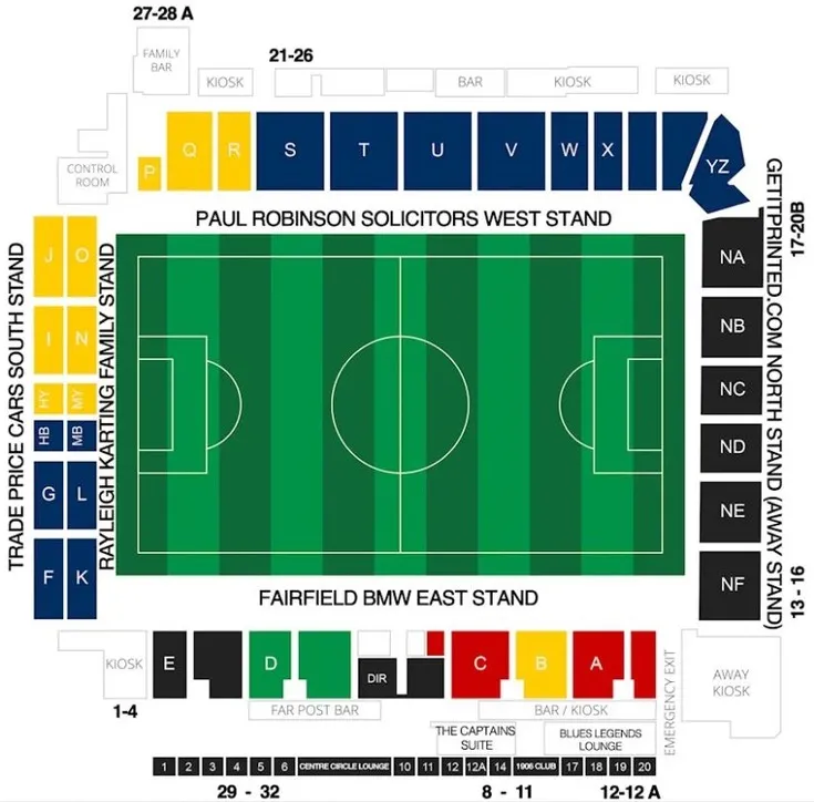 Sơ đồ chi tiết các khán đài tại sân vận động Roots Hall, hướng dẫn chỗ ngồi cho người hâm mộ