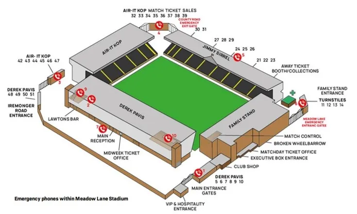 Sơ đồ chi tiết các khán đài và khu vực chỗ ngồi tại sân Meadow Lane