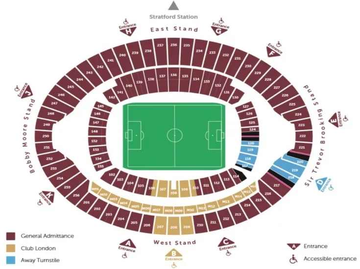 Sơ đồ chi tiết London Stadium, chỉ rõ các khán đài và khu vực chỗ ngồi để người hâm mộ dễ dàng định vị