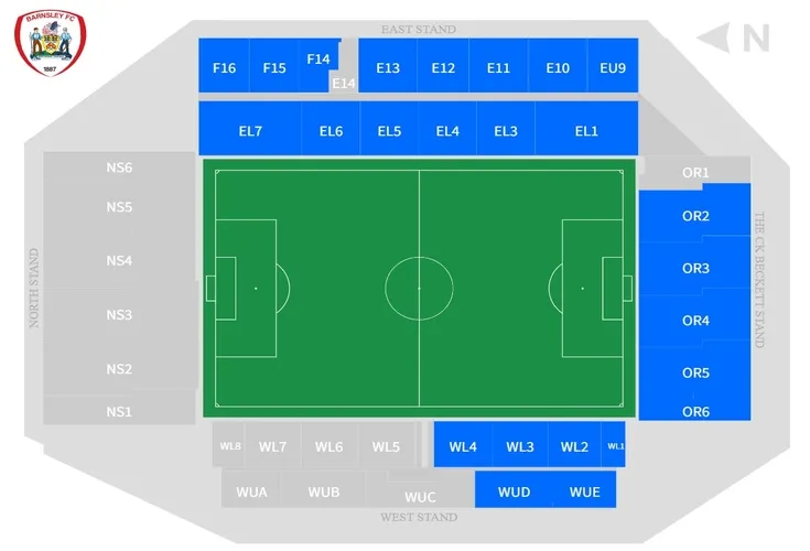 Sơ đồ chi tiết sân vận động Oakwell với các khán đài và khu vực chỗ ngồi, giúp người hâm mộ Barnsley FC dễ dàng định vị