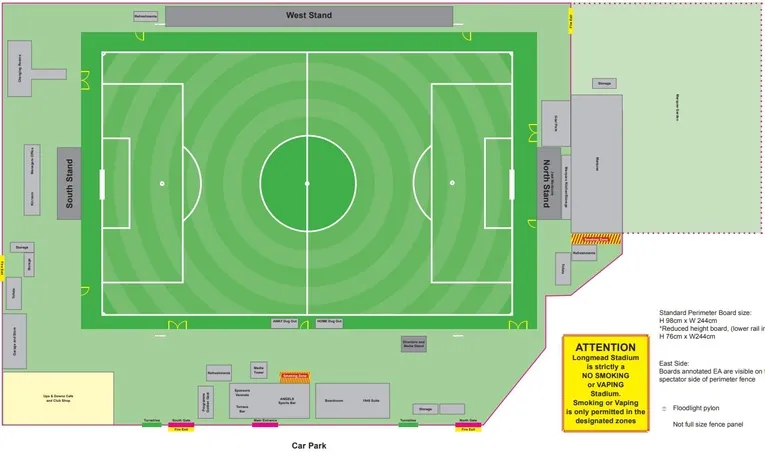 Sơ đồ chỗ ngồi chi tiết của Longmead Stadium, bao gồm khán đài và khu vực đứng