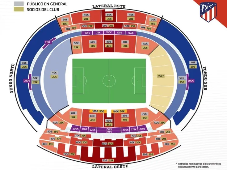 Sơ đồ chỗ ngồi chi tiết của sân Estadio Metropolitano, giúp khán giả dễ dàng tìm thấy vị trí lý tưởng để cổ vũ Atletico Madrid