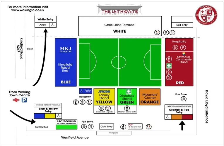 Sơ đồ chỗ ngồi chi tiết của sân Kingfield Stadium, hướng dẫn vị trí khán đài
