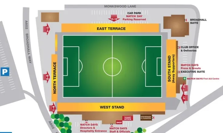 Sơ đồ chỗ ngồi chi tiết của sân vận động Broadhall Way (Lamex Stadium)