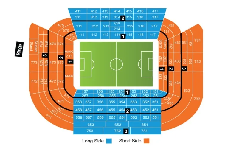 Sơ đồ chỗ ngồi chi tiết của sân vận động Mestalla, giúp khán giả dễ dàng xác định vị trí