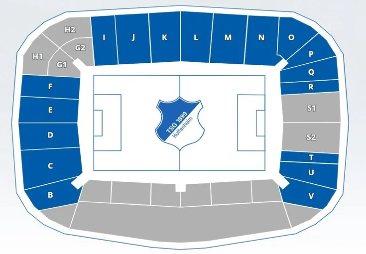 Sơ đồ chỗ ngồi chi tiết của sân vận động Rhein-Neckar-Arena, hướng dẫn vị trí các khán đài
