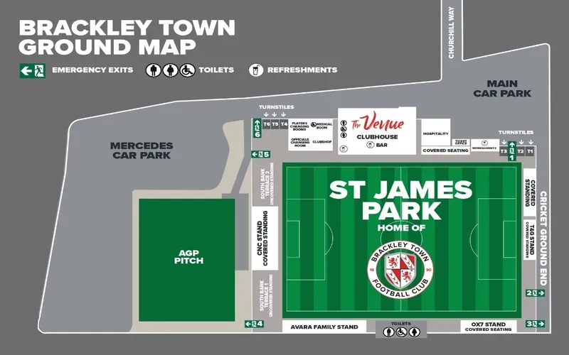 Sơ đồ chỗ ngồi chi tiết của sân vận động St James Park Brackley, mô tả các khu vực chính