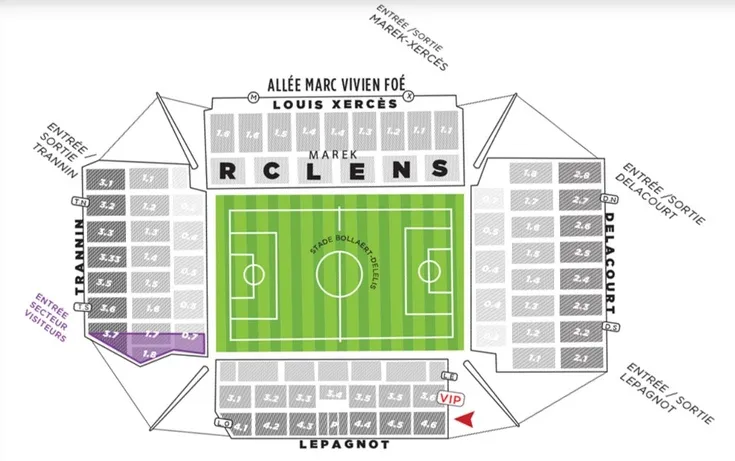 Sơ đồ chỗ ngồi chi tiết của Stade Bollaert-Delelis, giúp người hâm mộ RC Lens dễ dàng tìm vị trí