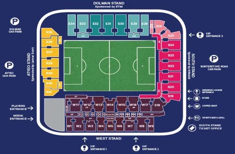 Sơ đồ chỗ ngồi chi tiết tại sân vận động Plainmoor, giúp cổ động viên dễ dàng lựa chọn vị trí yêu thích.