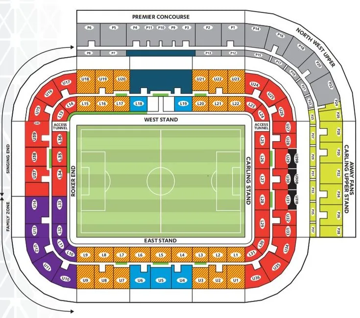 Sơ đồ chỗ ngồi chi tiết tại Stadium of Light, giúp người hâm mộ dễ dàng định vị vị trí