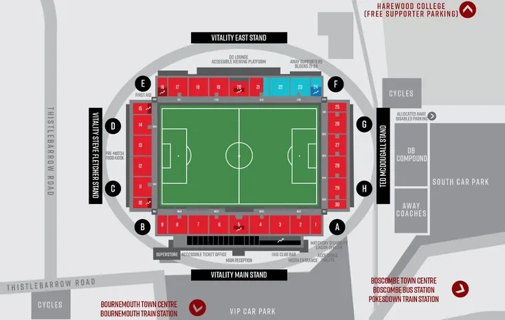 Sơ đồ chỗ ngồi chi tiết tại Vitality Stadium, giúp khán giả dễ dàng tìm vị trí lý tưởng.
