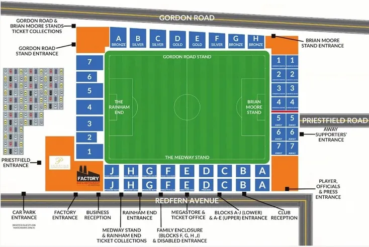 Sơ đồ chỗ ngồi của Priestfield Stadium, giúp người hâm mộ dễ dàng định vị các khán đài và tìm được vị trí phù hợp.