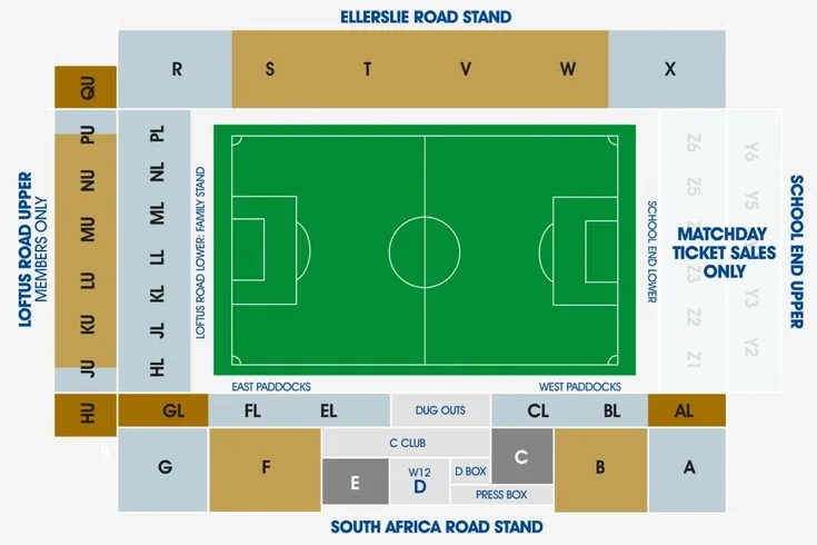 Sơ đồ chỗ ngồi sân Loftus Road chi tiết, giúp khán giả dễ dàng tìm vị trí