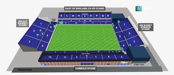 Sơ đồ chỗ ngồi sân Portman Road, giúp người hâm mộ dễ dàng tìm vị trí