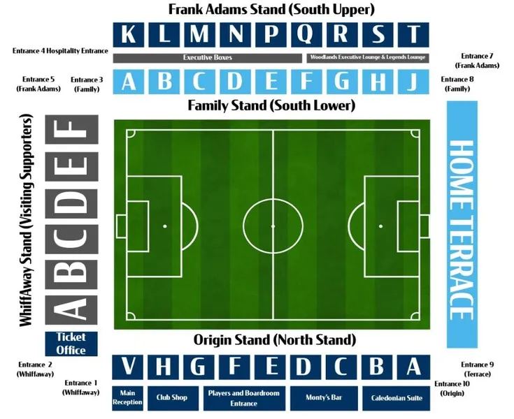 Sơ đồ chỗ ngồi sân vận động Adams Park năm 2024, hướng dẫn khán giả tìm vị trí