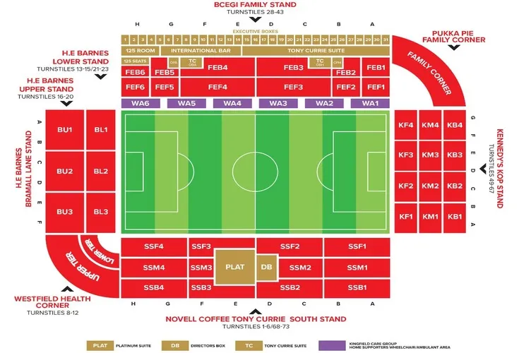 Sơ đồ chỗ ngồi sân vận động Bramall Lane, giúp khán giả dễ dàng tìm vị trí