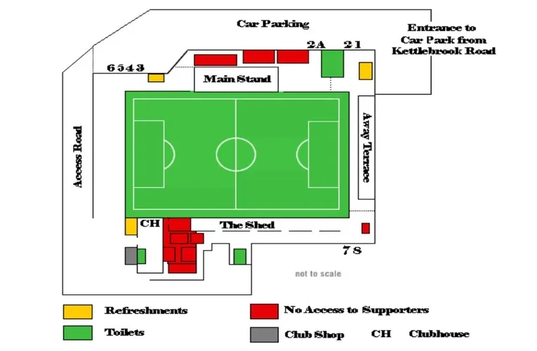 Sơ đồ sân vận động The Lamb Ground, Tamworth, minh họa các khu vực khán đài và lối vào