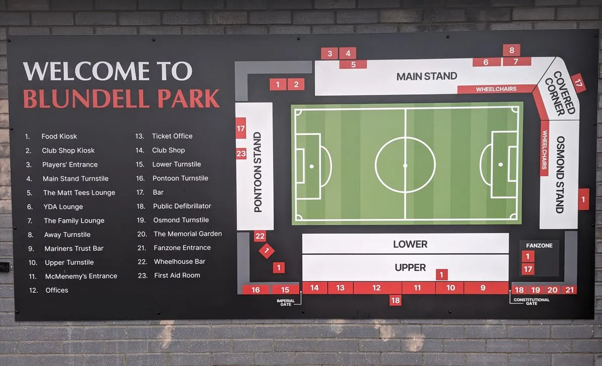 Sơ đồ tổng quan sân vận động Blundell Park, giúp người hâm mộ dễ dàng định vị các khán đài và tiện ích