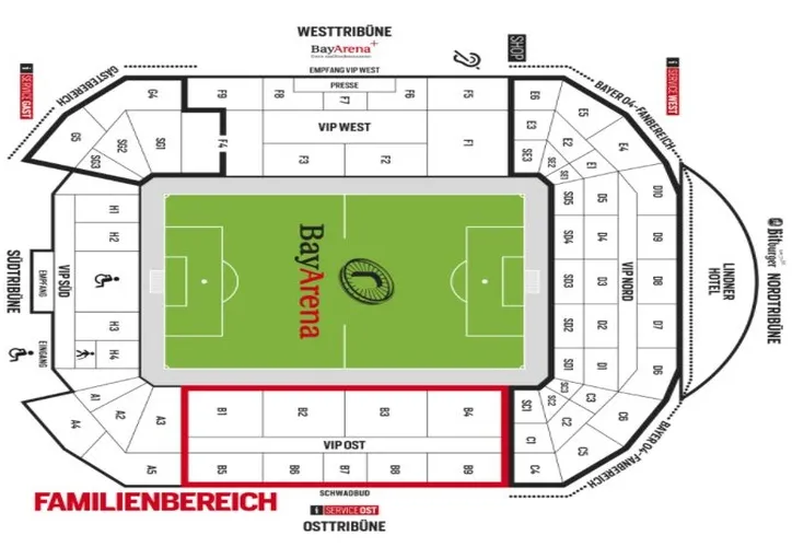 Sơ đồ tổng thể sân BayArena, giúp người hâm mộ dễ dàng định vị chỗ ngồi lý tưởng