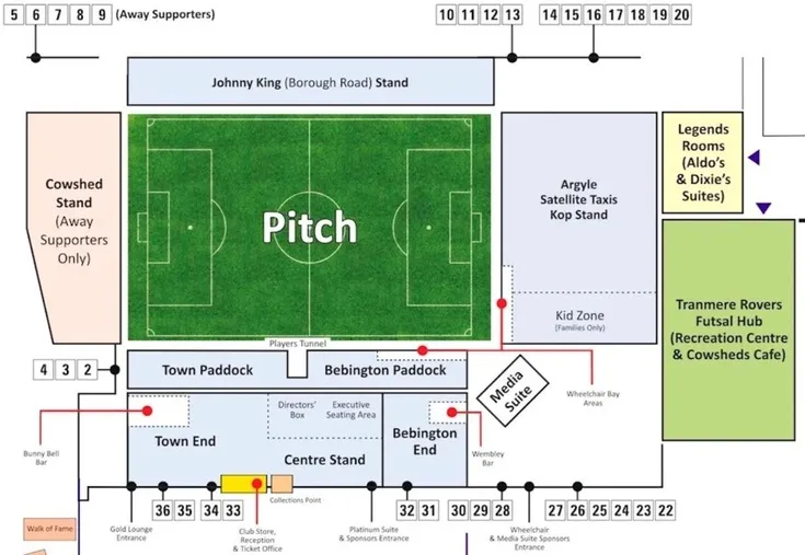 Sơ đồ tổng thể sân vận động Prenton Park, chỉ dẫn vị trí các khán đài chính