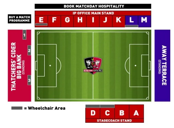 Sơ đồ tổng thể sân vận động St. James Park của Exeter City, hướng dẫn các khu vực khán đài và tiện ích