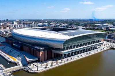 Toàn cảnh sân vận động Bramley-Moore Dock của Everton từ trên cao, công trình biểu tượng mới của thành phố Liverpool