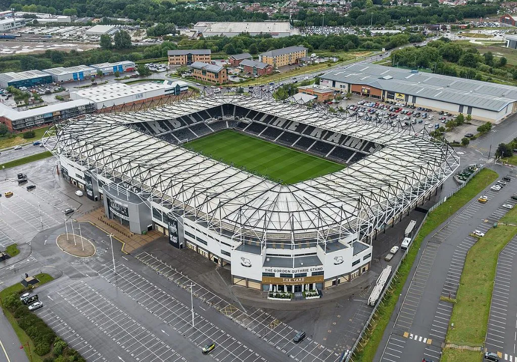 Toàn cảnh sân vận động Pride Park nhìn từ trên cao, biểu tượng của Derby County