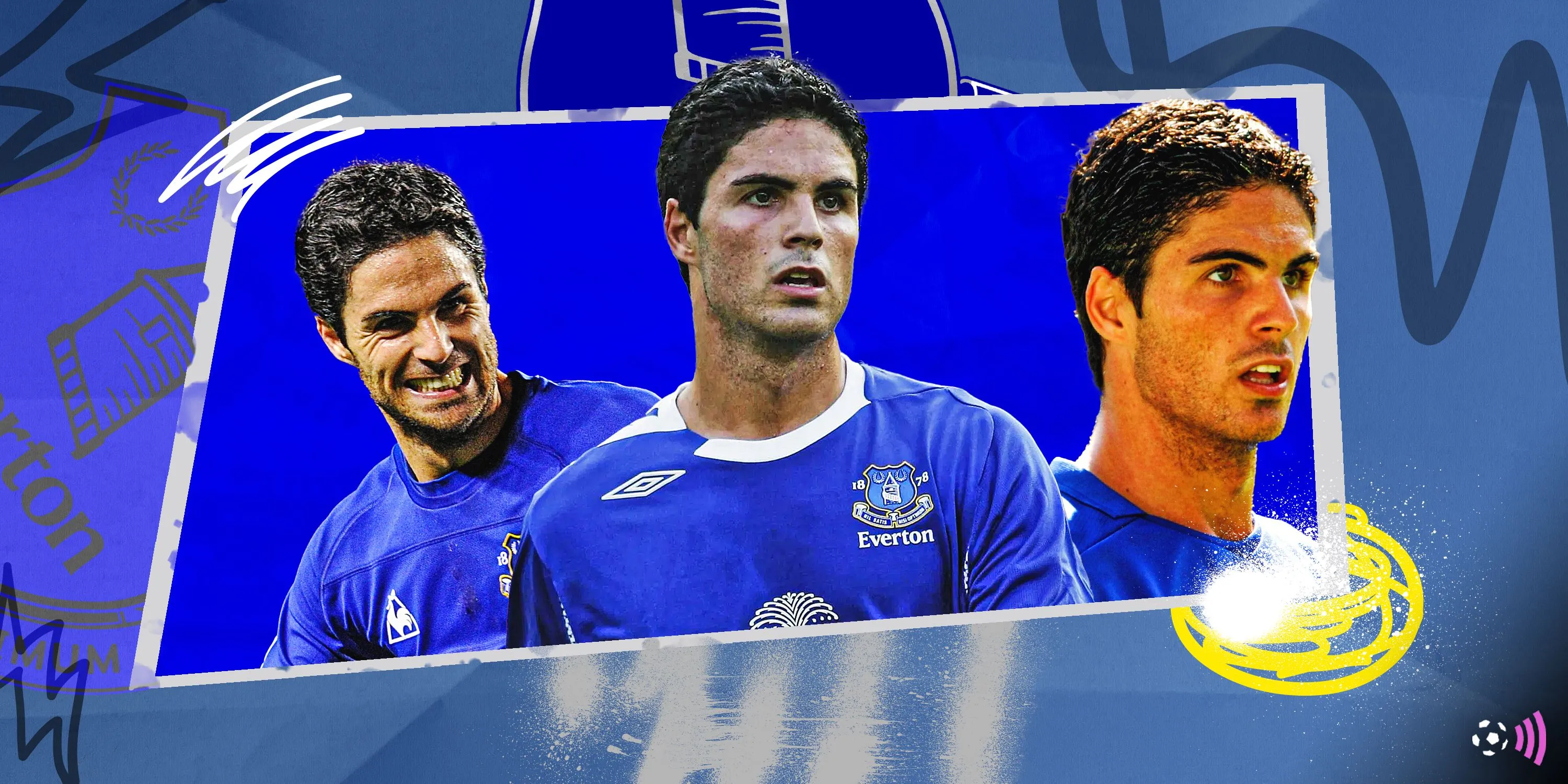 Mikel Arteta với mái tóc dài, mặc áo đấu Everton màu xanh, đang ăn mừng bàn thắng với nụ cười rạng rỡ.