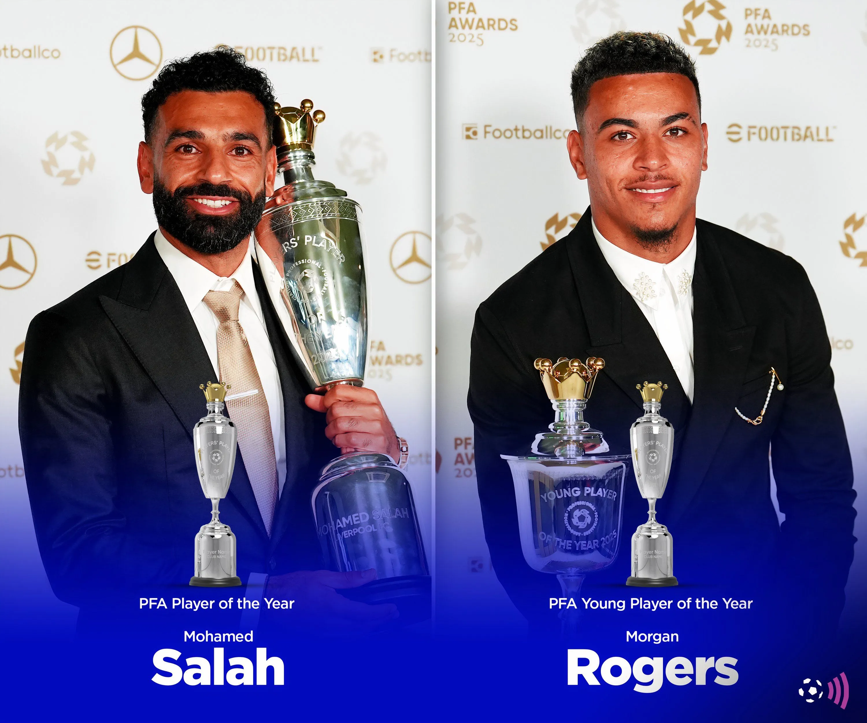 Hình ảnh minh họa: Morgan Rogers cùng Mohamed Salah với giải thưởng PFA Player of the Year 2025
